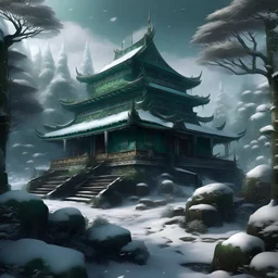 Palais en jade, neige en hiver, hyper réaliste, monde fantastique, dans une forêt