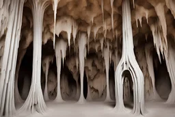 large cave winding pipe with stalactites and stalagmites