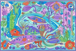 A light purple swamp with toxic frogs designed in Mehndi design painted by Wassily Kandinsky