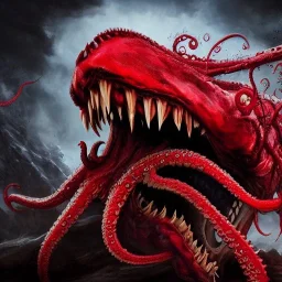 red, monster, tentacles, teeth, horror, detailed, realistic, gore, eyes, 8K, fantasy, scary, demonic, hyperrealism, huge, blood, creature, highly detailed, volumetric lighting, sharp focus, elegant, photorealism