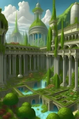 hanging garden, babylon, ancient city, waterfall, with a greenhouse on the roof, lots of tower, haga sofia, colonnade,