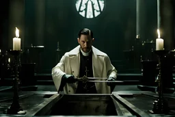 Still frame of Tom Hardy as Father Alexander Anderson from the live action "Hellsing" movie based on the anime of the same name. He is throwing glowing daggers