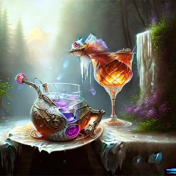 romantic fantasy spray painting, delicate hand in ice water, goblet