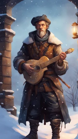 portrait of bard man with old boots, sword and lute in the snow garden holding a tower fortification, magazine cover illustration with oil paint and spray paint, signed, bokeh like, down-light, unreal engine, prize winning