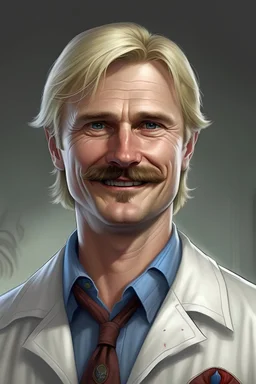 Mid-thirties, Caucasian male doctor, kind smile, blonde hair (slightly disheveled) thick blonde mustache, pale blue eyes, broad shoulders, muscular, six foot, Hawaiian shirt under white lab coat (with blood stains around the edges) , Strong Jaw line, encroaching shadowy tendrils, photo realistic, fantasy