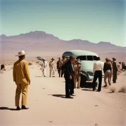 Archival color photograph of aliens landing at Area 51 and meeting James Dean in jaunty desert garb