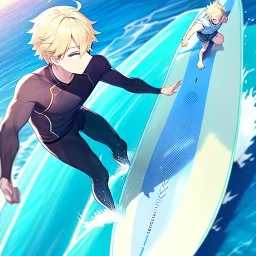 ONE anime blonde boy on a surfboard, riding the perfect waves