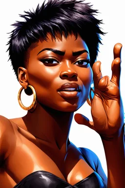 A vibrant digital illustration of a carribean woman with a confident yet playful expression. She is making a gesture by a raised brow. highly detailed short faded haircut. Her large hoop earrings are clearly visible, adding to the bold and expressive character of the artwork. with soft lighting accentuating the details of her face.", ink wash
