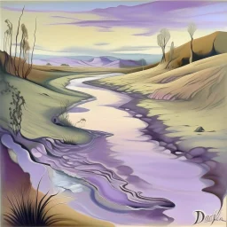 A light purple gorge with a swampy water river painted by Salvador Dali