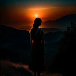 dark night, watching a woman from behind wearing a sleeveless dress who is watching a beautiful orange sunrise in the distance, mountains and forests around, photo quality