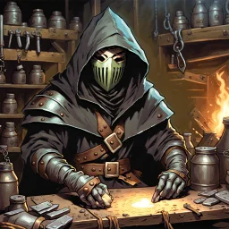 90's fantasy tcg art of a hooded man with a metal mask in a junk workshop