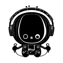 illudtrstion of android DJ plaing vinylspersonaje kawaii soporte a cliente blanco y negro estilo clip art logo minimalist audifonos y microfon face whit meccanical part