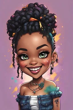 create a colorful abstract pop punk art image 8k of a chibi curvy black female wearing torn jeans pants with fringe on the side a black-tie dye off the shoulder blouse. Prominent make up with hazel eyes. Highly detailed curly messy bun with a hair wrap. She hugs a kitten both are smiling d