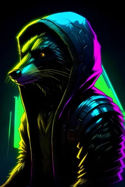 neon tinted cyberpunk hacker honey badger wearing a black hoodie