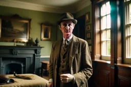 ww1 sick archeologist with suit talking close-up standing up looking to the camera, inside mansion room background