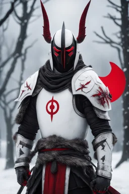 The character, depicted in a striking white armour against a wintry backdrop stands with his hands behind his back inside the scene, he has a red and black circular symbol on his chest like a shield, a black pointed spear with a red handle on his back, His eyes are showing a dynamic expression and he wears a black oni mask with white teeth covering the bottom part of his mouth he has brown shoulder pads and a white karate belt with a bag attached to it. He has dark brown hair. He has no helmet.