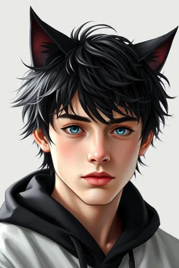 A young man with messy black hair, black cat ears on his head, blue eyes.