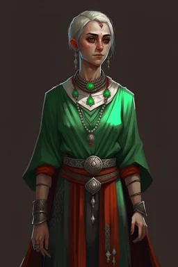 full length, tall, gangly, 22-year old, short haired, nordic looking grey-eyed female human cleric with a red beaded necklace, no earrings, dark green scale mail