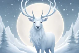 A celestial white stag with antlers adorned with glowing crystals. it is snowing.