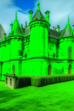 A neon green defensive chateau with shields painted by Claude Monet