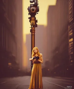 Statue of Queen of photography. Cute blonde woman. Photographer in golden crown. Standing on the street. Big camera in her hand. hyperdetailed, photorealistic, trending on artstation, greg rutkowski, beksinski, kodachrome, lomography, golden hour, bokeh, volumetric light