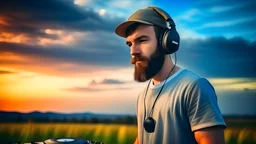 short beard man with cap, DJ play records, color sky background,landscape background