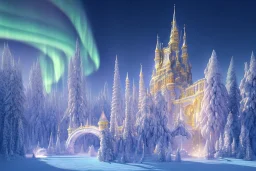  white and gold crystal castle，waterfall, winter snow flakessnow, northern Lights, full of details, smooth, bright sunshine，soft light atmosphere, light effect，vaporwave colorful, concept art, smooth, extremely sharp detail, finely tuned detail, ultra high definition, 8 k, unreal engine 5, ultra sharp focus