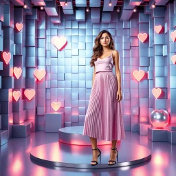 make a picture pretty stage made of metallic blue-gray teme 3d recursive cubic and sphere and heart simbol lights s base structures and a beautiful fashion model lady standing with cute in scene with sexy top and pretty pleated midi skirt ,makeup curvy long hair,dynamic camera zoom to full body and pan, dynamic lights.