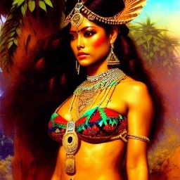 Drawing of beautiful face,busty Aztec Queen,sweet stare,aztec piramid,jungle,balanciaga fashion clothe painting by gaston bussiere, greg rutkowski, yoji shinkawa, yoshitaka amano, tsutomu nihei, donato giancola, tim hildebrandt, oil on canvas, cinematic composition, extreme detail,fit full head inside picture,16k