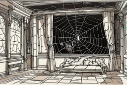 One day at night, there was a long window open, and inside the palace there was a dark room, and the window of that palace was broken and had a spider web in it, and the picture appeared from the outside. Someone was looking at someone inside, cartoon, 2D.