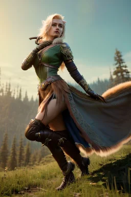 Druid character, young woman, cougar ears, cougar tail on lower back, blonde hair, long hair, green eyes, scars on body, animal hide armor, waist up portrait, 4k resolution, intricate details, ornate details, soft lighting, vibrant colors, retroanime, masterpiece, intricate eyeliner, dark eyeshadow, eyes, intricate tattoos, natural background