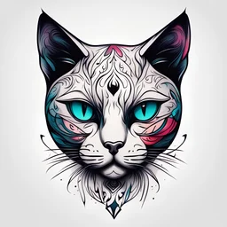 modern abstract vivid color tattoo ideas, simple minimalistic illustration on a pure white background < "The head of a tattooed black cat.">