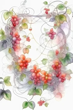 delicate transparent three-dimensional watercolor, the vine is laid in the form of a frame, inside a bouquet of flowers in the style of romanticism, realistic, filigree, high quality drawing, professional photo, 32k, iso100