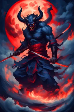 byriron demon devil with katana, around flame, dark blue sky, storm, red moon, japan style