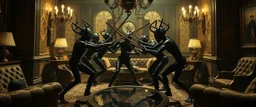 Lotsa goths pushing each other with sticks in dramatic scene in luxury parlour in the style of Giger and Escher