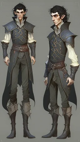 turnaround character of a man elf, he has curly, black hair and sharp cheekbones. His eyes are black. pale skin. He wears fantasy medieval clothes. full body with boots