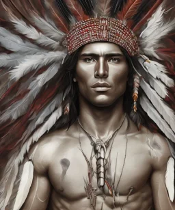 Guaicaipuro, native american, 30 years old, Muscular warrior, red feathers headdress, shirtless