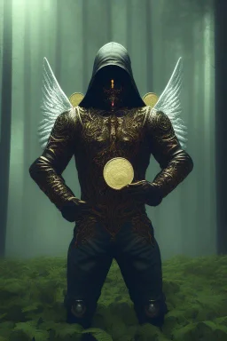 running berserker portrait , no face, black jogging suite , in the night Alps , holding coins , angels background, volumetric gold light, high detail, dark leaf tree, dark mountains in background, perfect, HR Giger style