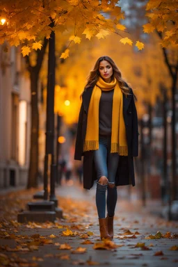 night yellow lights over the street trees autumn leaves under feet ,a Student adult girl with books in her hand walking in street looking to camera her lover flowing her with few steps far