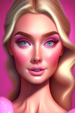 Barbie wears a very calm and beautiful nude makeup with a charming cartoonish luminous face with a very beautiful pink dress