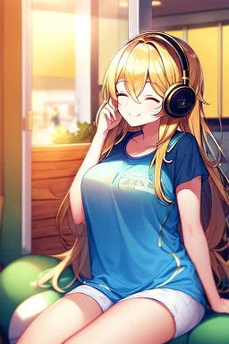 girl, masterpiece, best quality, volumetric lighting, detailed outfit, perfect eyes, golden hair, long hair, closed eyes, headphones on head, listening to music, smile, sitting, indoors, god rays, casual clothes,