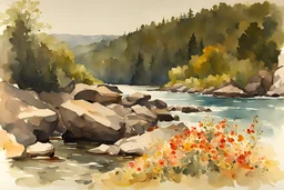 Sunny day, rocks, mountains, flowers, river, epic, winslow homer watercolor paintings