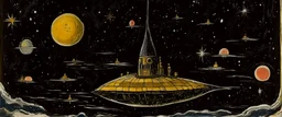 A black outer spaceship empire with warped stars painted by Maurice Utrillo