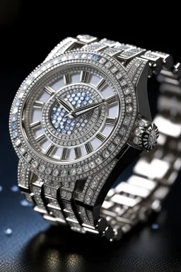 A high-end luxury diamond watch with a sleek silver bracelet and a dazzling display of diamonds on the dial.