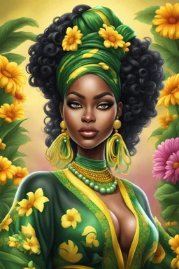 Create a digital airbrush cartoon of a curvy African female wearing Nigeria outfit that's yellow, green and black. Prominent make up with hazel eyes. Highly detailed very long extremely curly black hair. Her skin is smooth and silky. Background of a judge full of colorful flowers