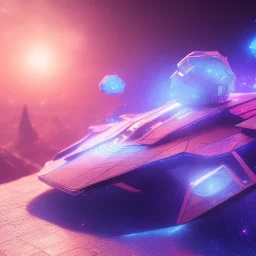 a crystalised blue pink spaceship, gold, diamonds, lightbeams, sunny background, atmospheric, realistic, unreal engine, 8k. Cinematic lighting, octane render.