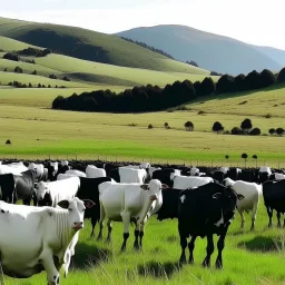 A herd of black and white cows in a grassy pasture at the foot of the mountain