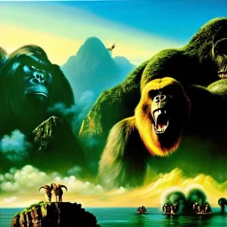 Drawing of 'King Kong on Skull island', painting by Earl Norem, simon Bisley,frazetta,西嘛哒, evan lee, Vallejo,kelly oil on canvas, cinematic composition, extreme detail,fit full head inside picture,8k