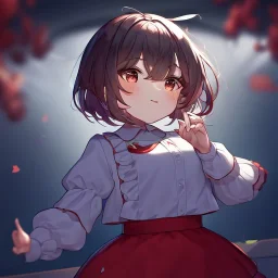 Clear focus, High resolution, Rough line, cute, cartoon style, white short hair, fluff cut, long locks, spiky hair, wearing a white long sleeve skirt, red frills at the top, wearing a red skirt and a white line, red lines on shirt, puffy sleeves on the top