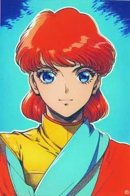 1girl, retro anime, 80's, redhead,Portrait of beautiful woman, sparkling dark blue eyes,